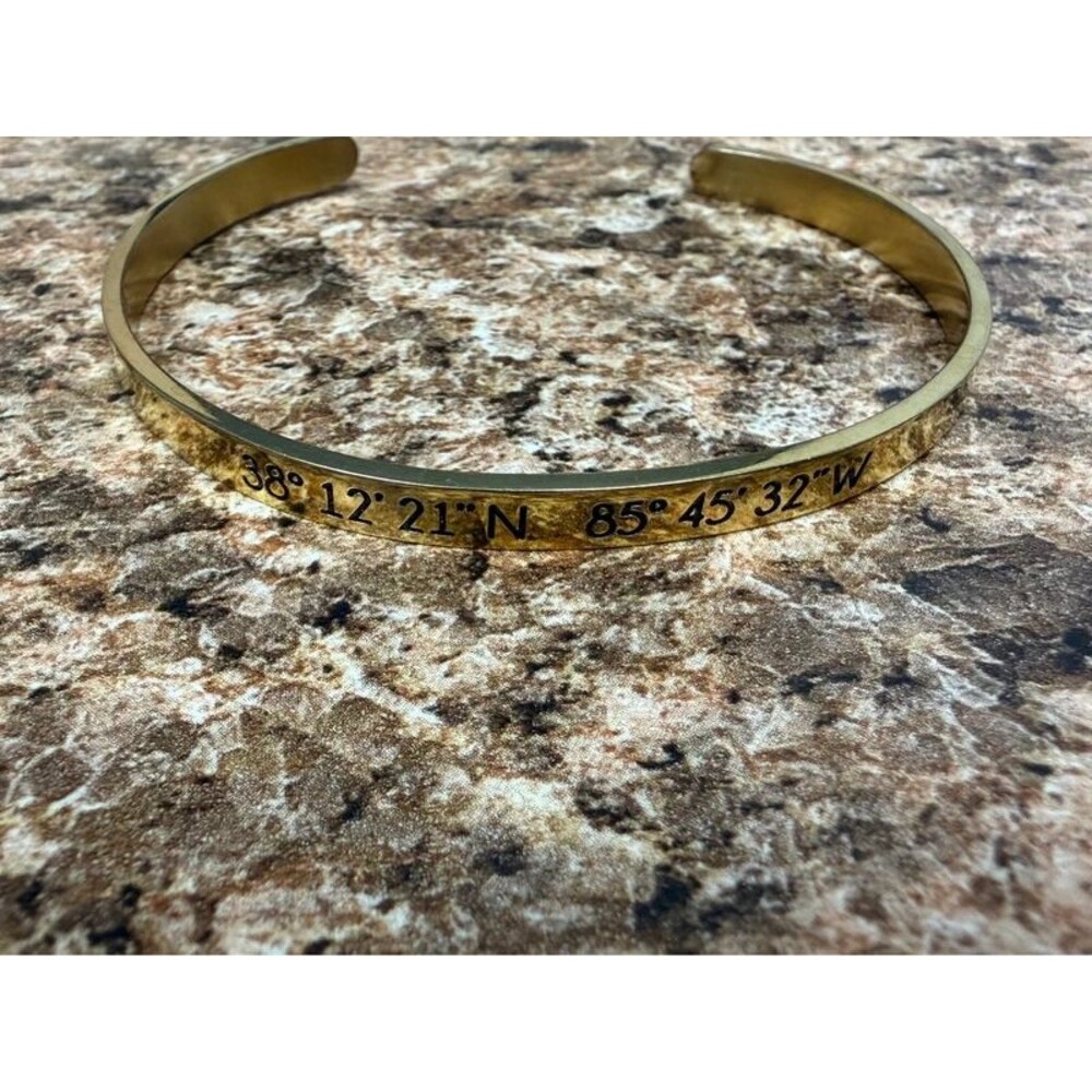 Personalized GPS Coordinates Gold Tone Cuff Bracelet Louisville KY Latitude